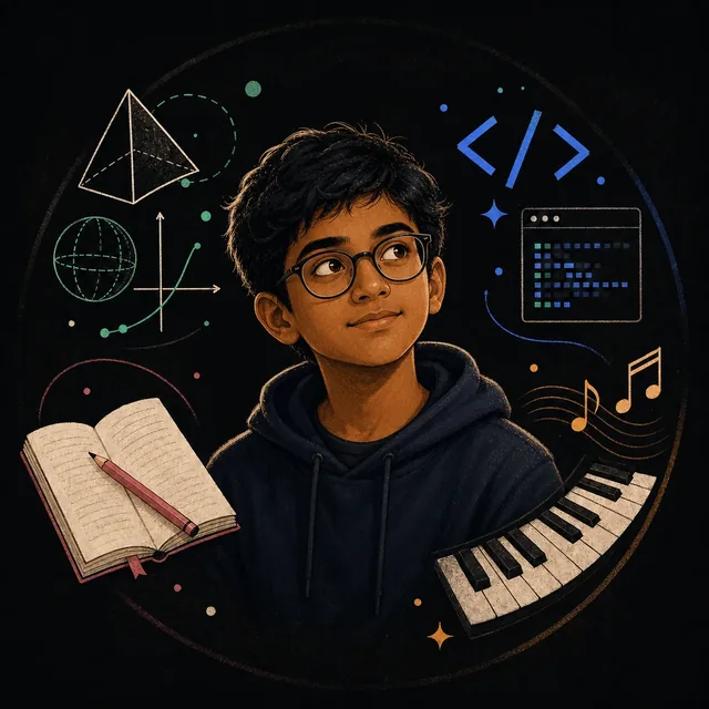 Illustration of Nithilan Vivek surrounded by mathematics, computer science, writing, and music motifs