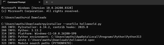 Terminal example showing the pyinstaller onefile command