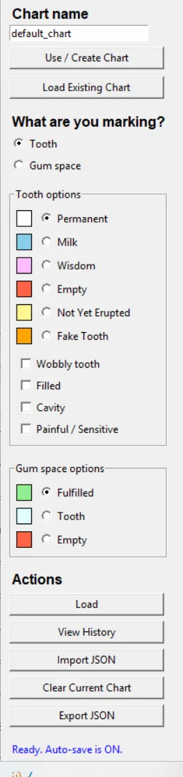 Teeth Chart App interface showing tooth and gum space options